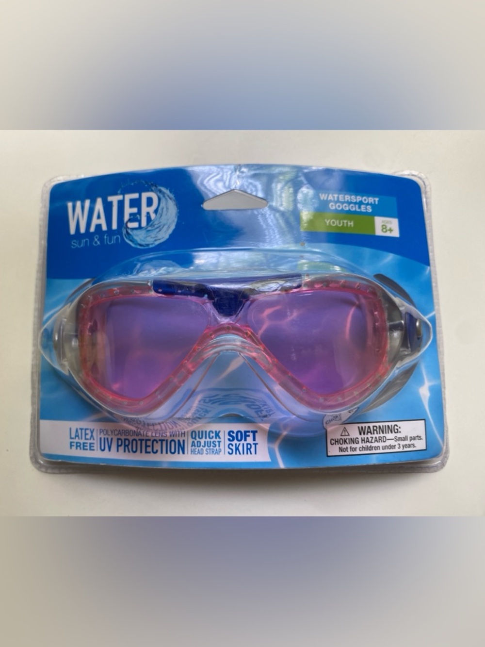 Water Sun&Fun Watersport Goggles Kids Ages 8+ Pink/Blue Latex Free UV Protection